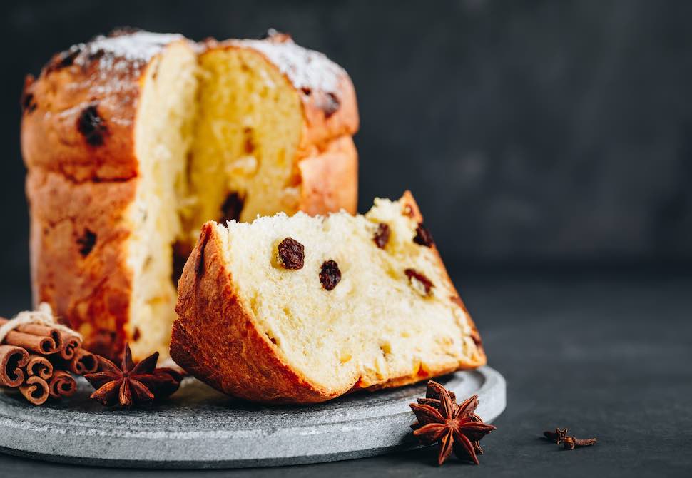 Traditional Christmas Panettone cake with dried fruits